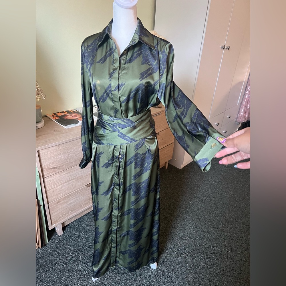 Forest Green & Black Houndstooth Button Down Multi-Way Wrap Satin Maxi Dress S - Picture 2 of 16